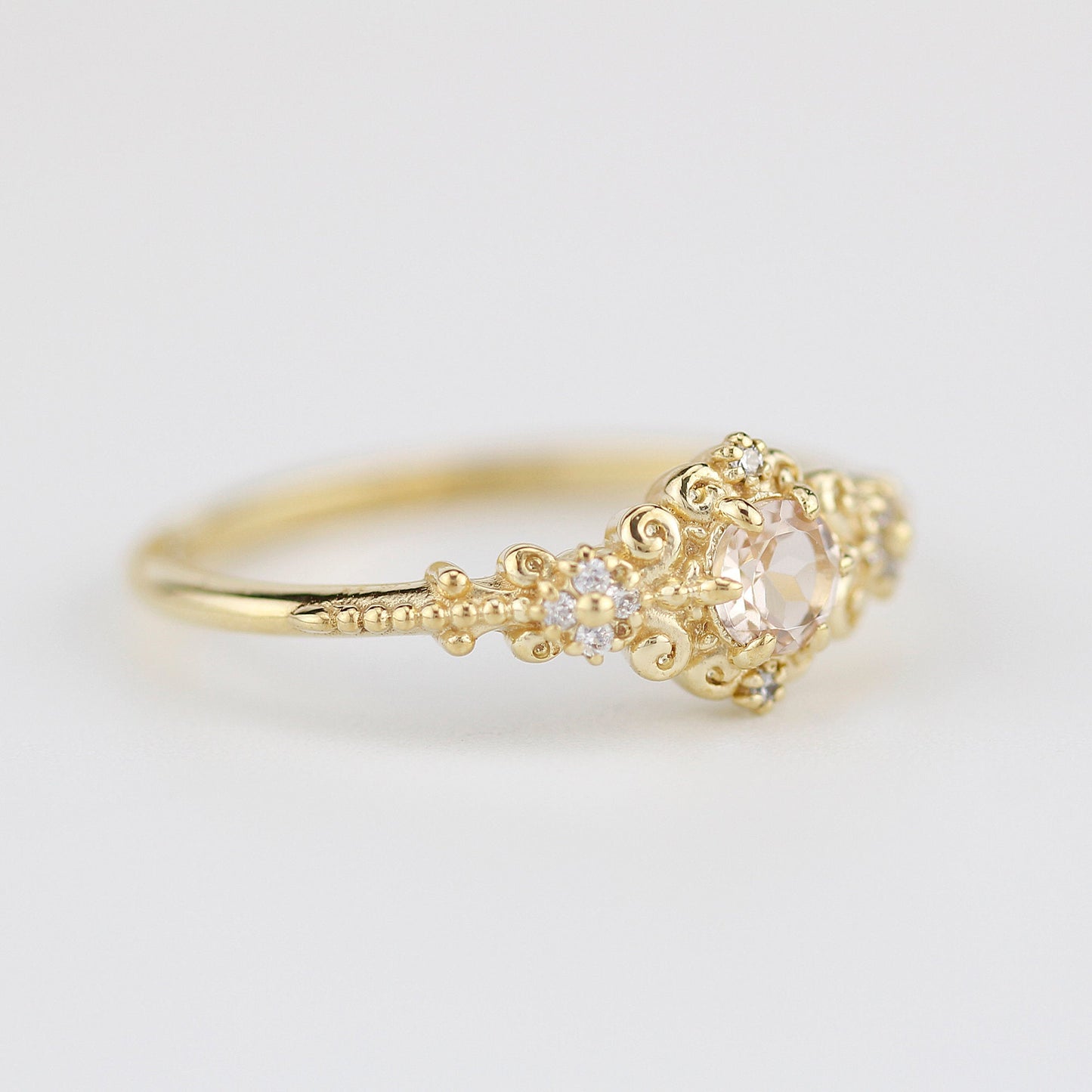 Morganite and diamonds engagement ring vintage style, Art deco engagement ring - NOOI JEWELRY