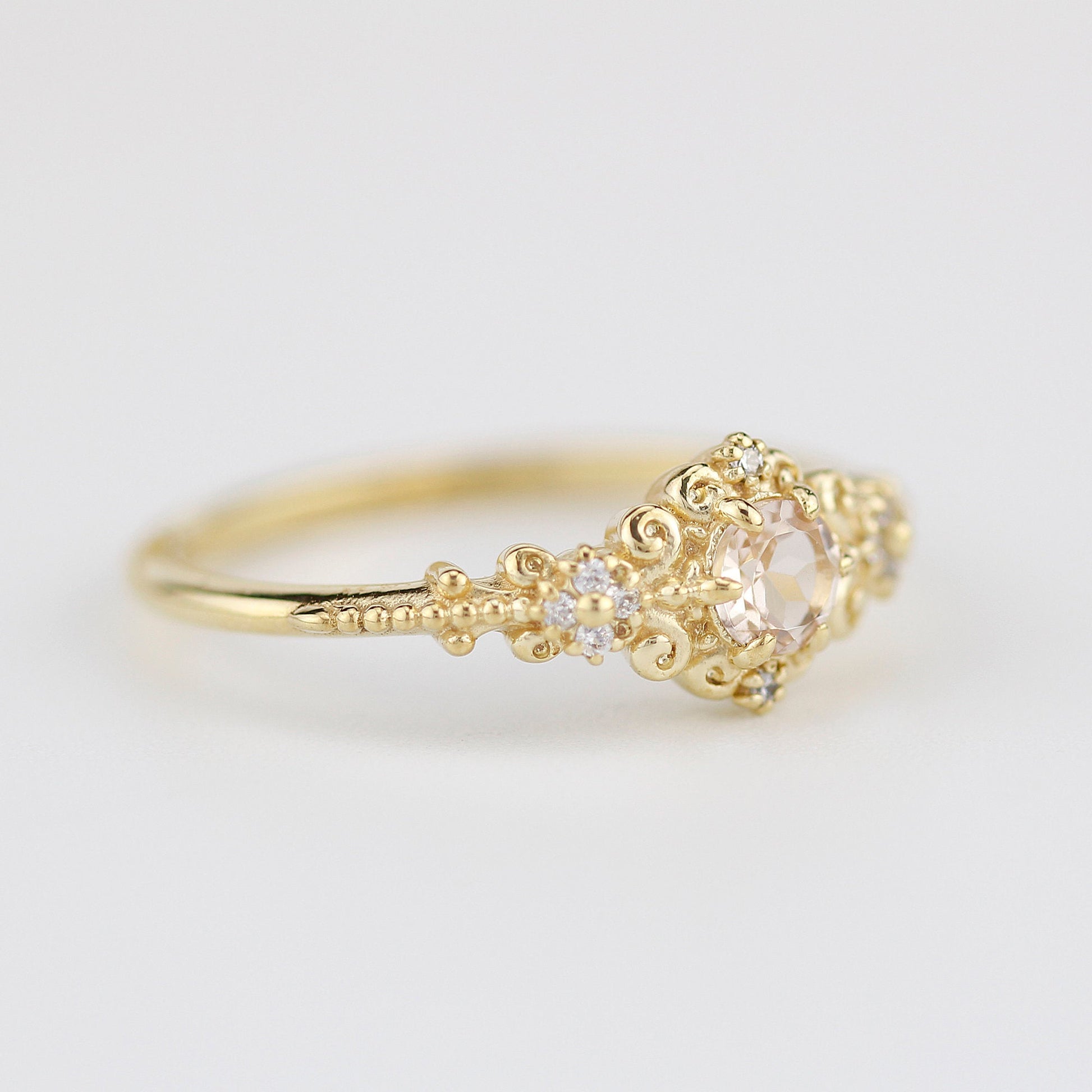 Morganite and diamonds engagement ring vintage style, Art deco engagement ring - NOOI JEWELRY