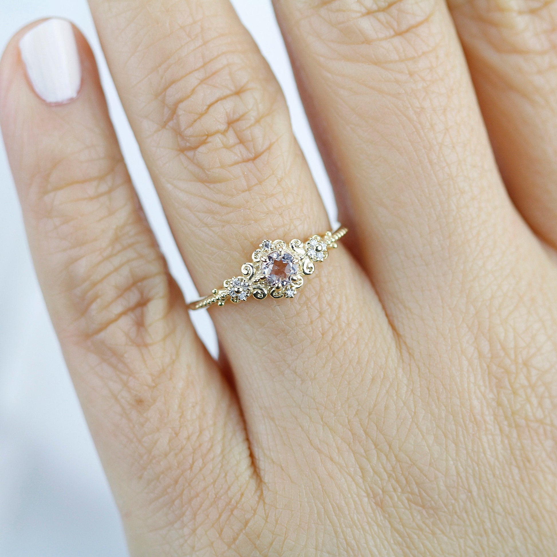 Morganite and diamonds engagement ring vintage style, Art deco engagement ring - NOOI JEWELRY