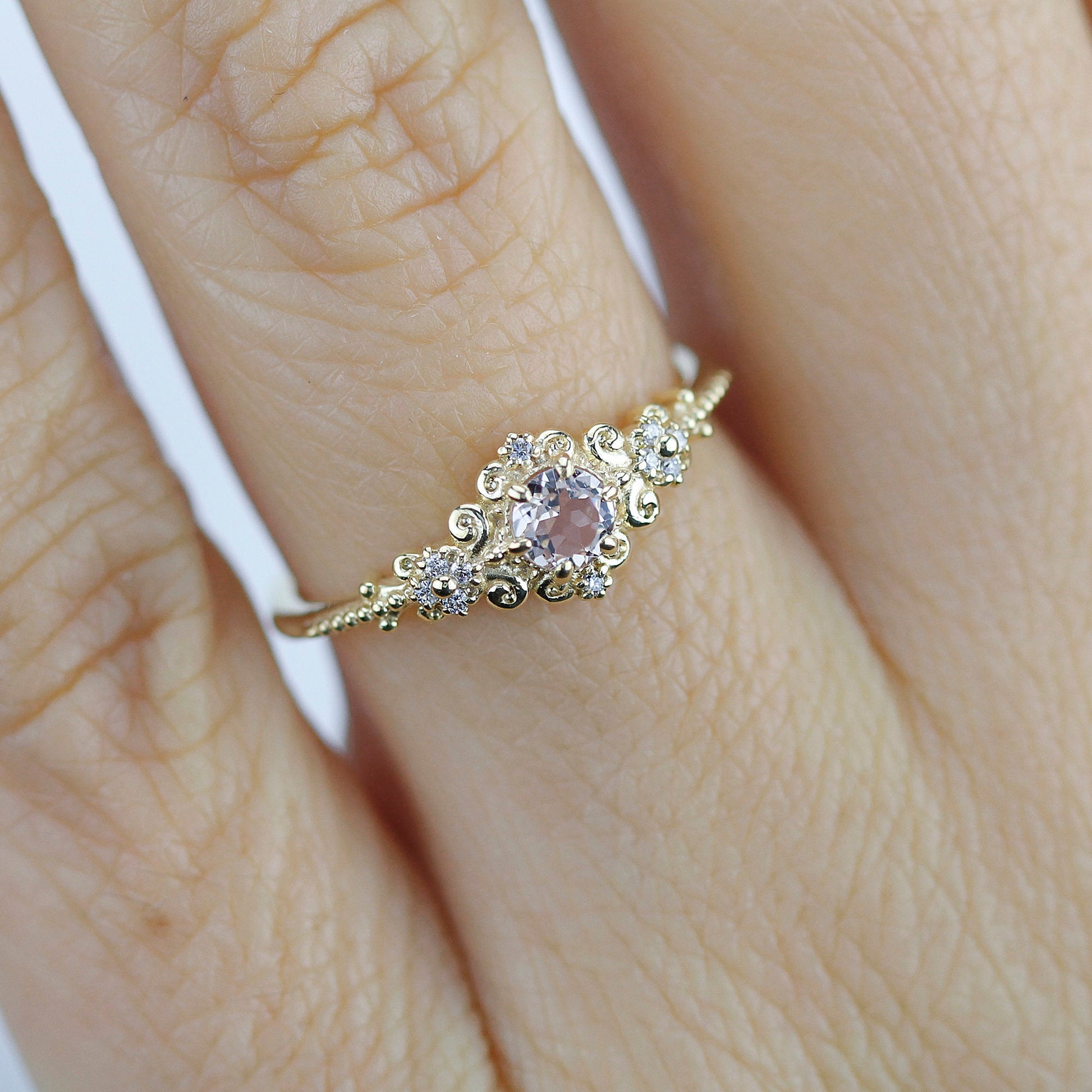 Morganite and diamonds engagement ring vintage style, Art deco engagement ring - NOOI JEWELRY