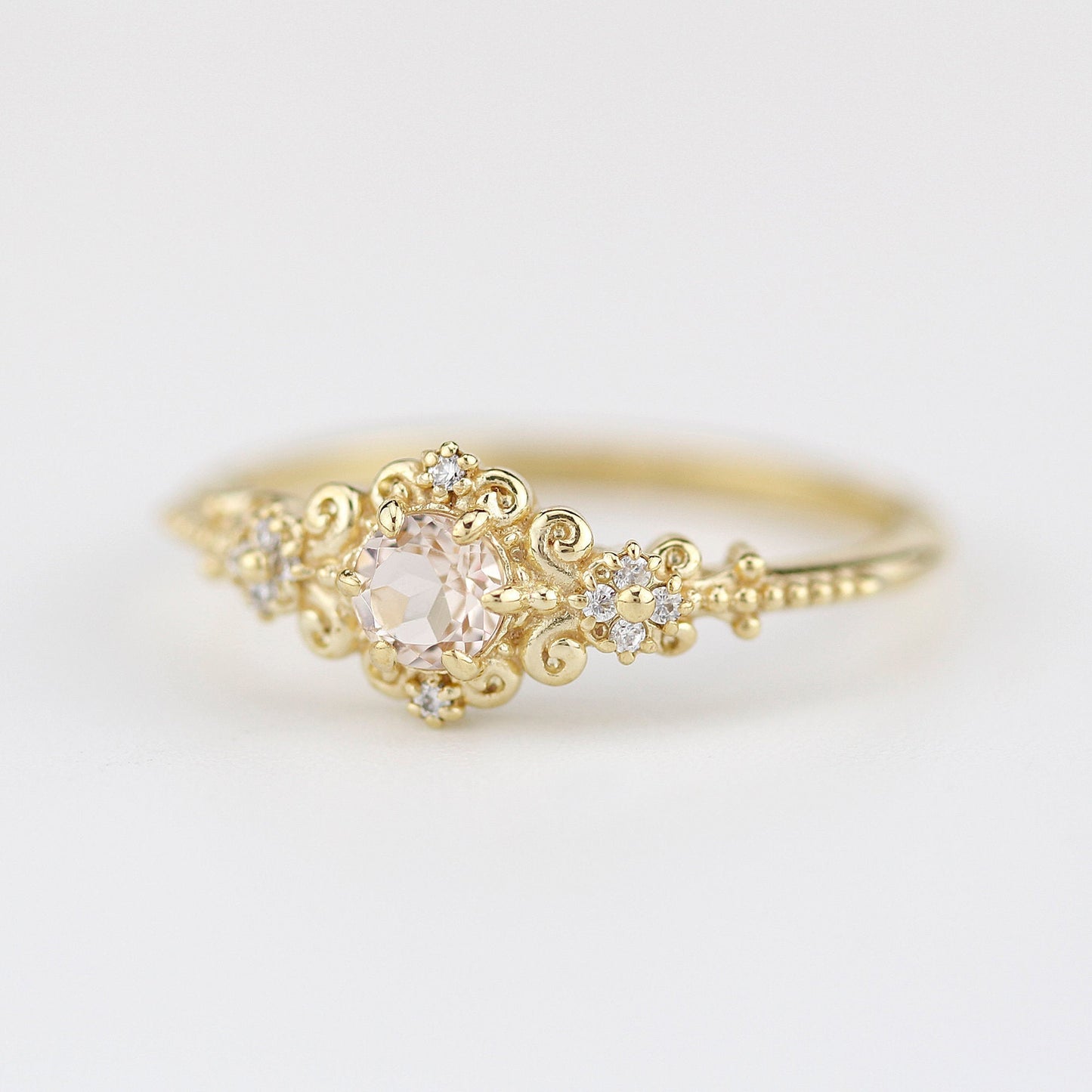 Morganite and diamonds engagement ring vintage style, Art deco engagement ring - NOOI JEWELRY