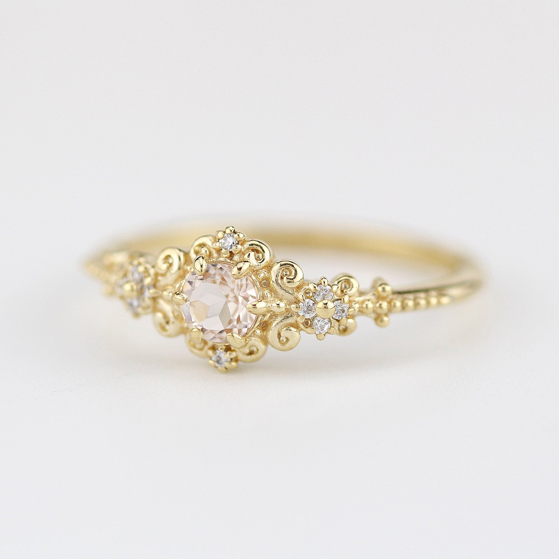 Morganite and diamonds engagement ring vintage style, Art deco engagement ring - NOOI JEWELRY