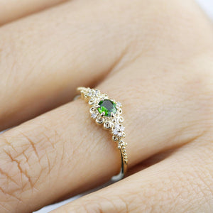 Art deco engagement ring natural chrome diopside and diamonds - NOOI JEWELRY