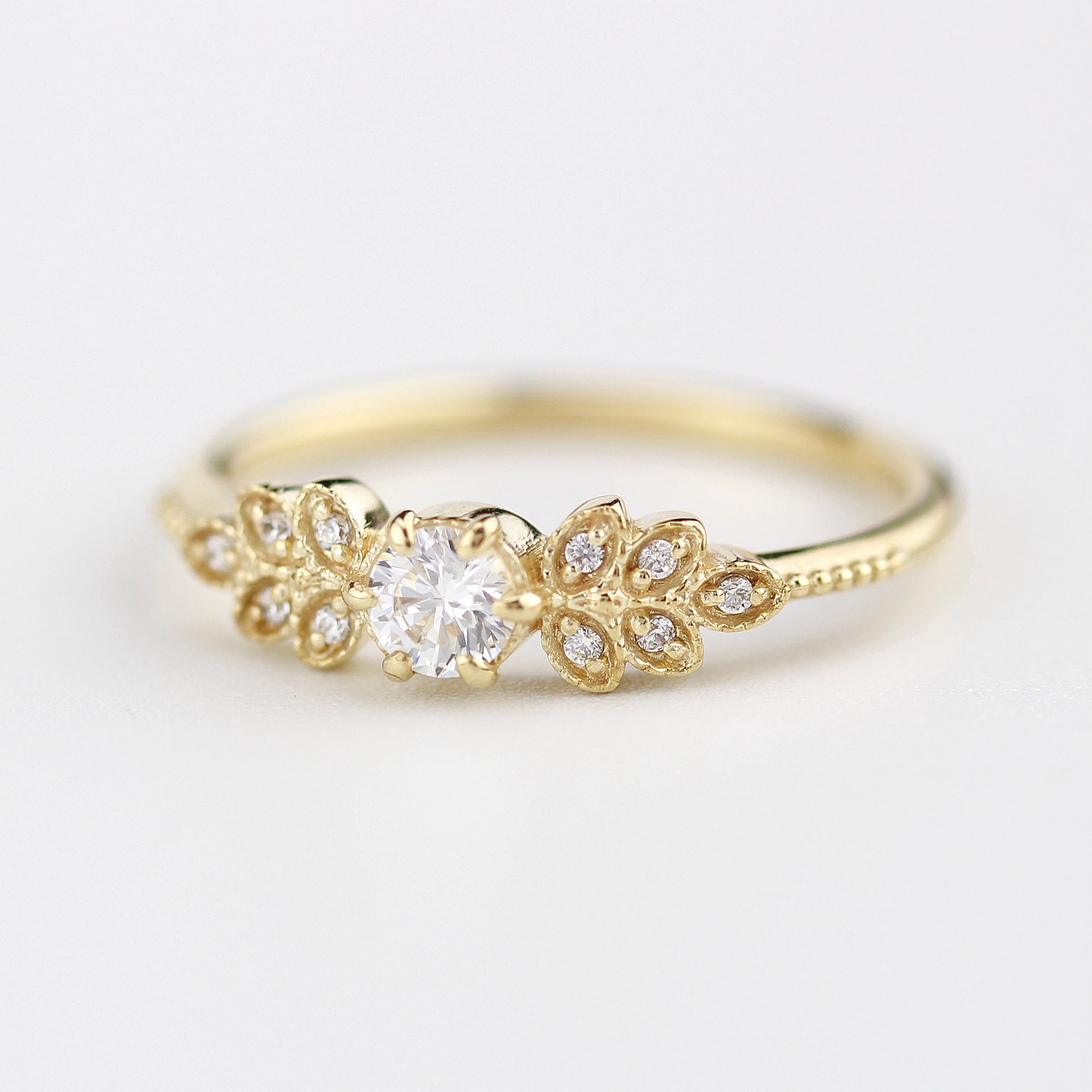 Marquise engagement ring vintage art deco diamond | round diamond with marquise side stones - NOOI JEWELRY