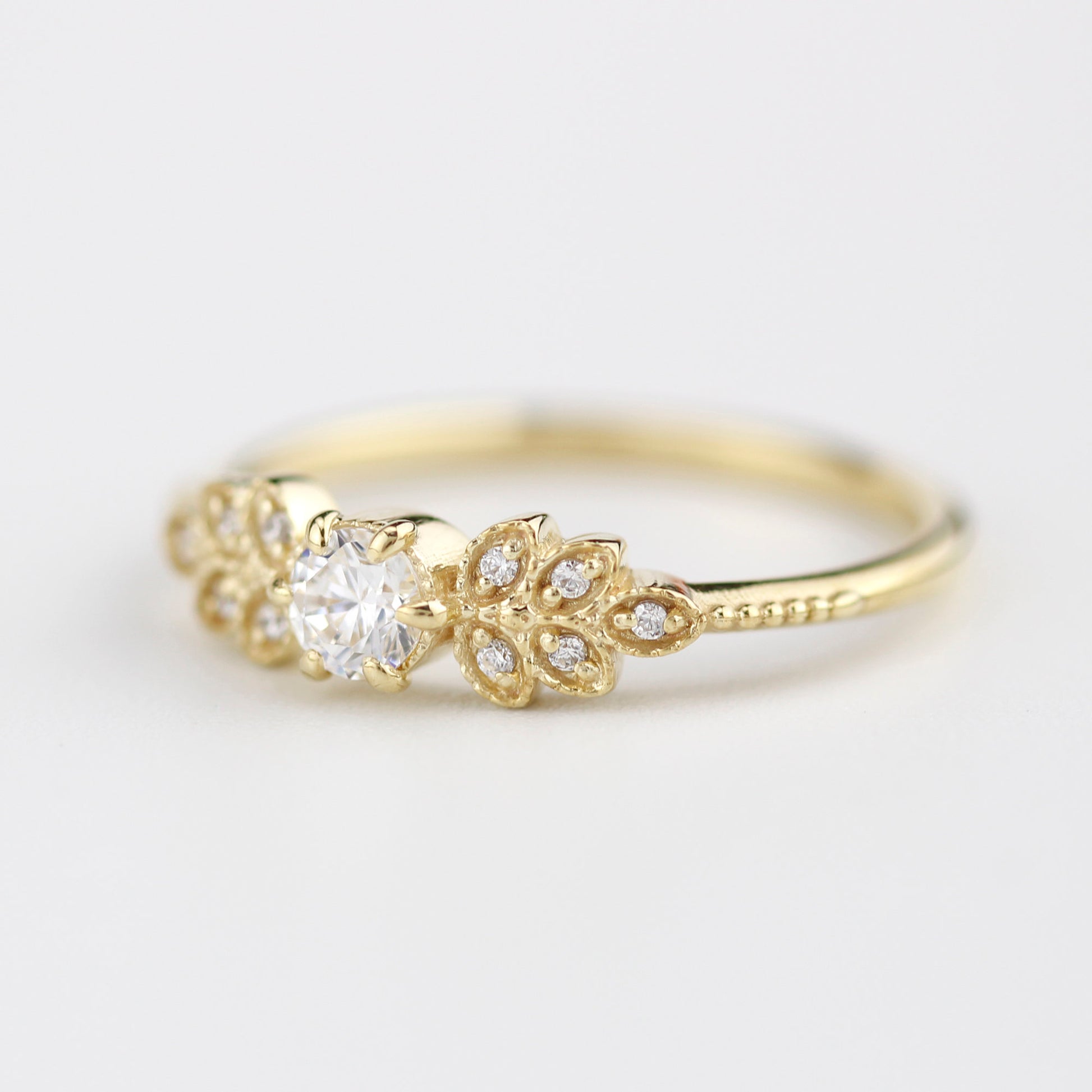 Marquise engagement ring vintage art deco diamond | round diamond with marquise side stones - NOOI JEWELRY