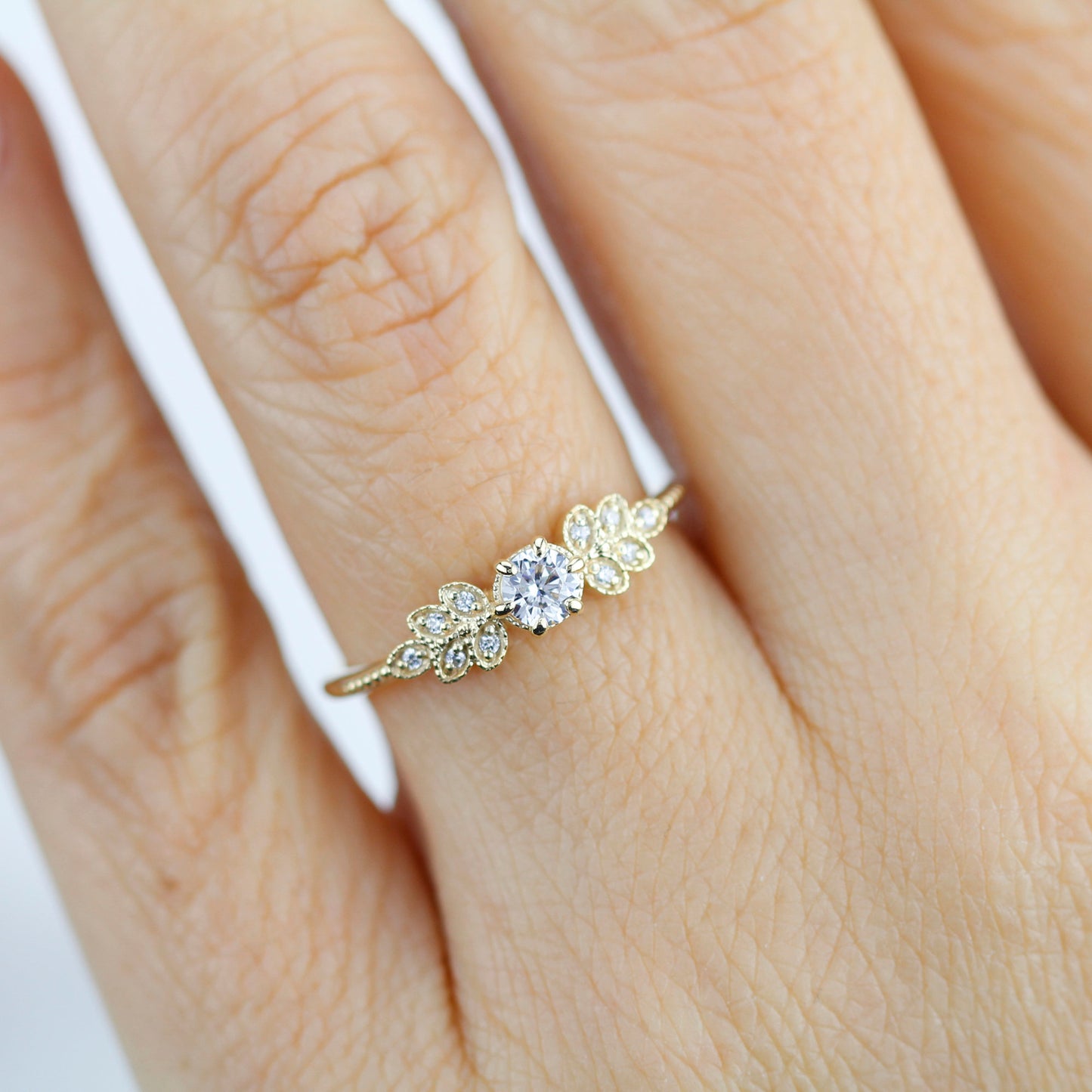 Marquise engagement ring vintage art deco diamond | round diamond with marquise side stones - NOOI JEWELRY