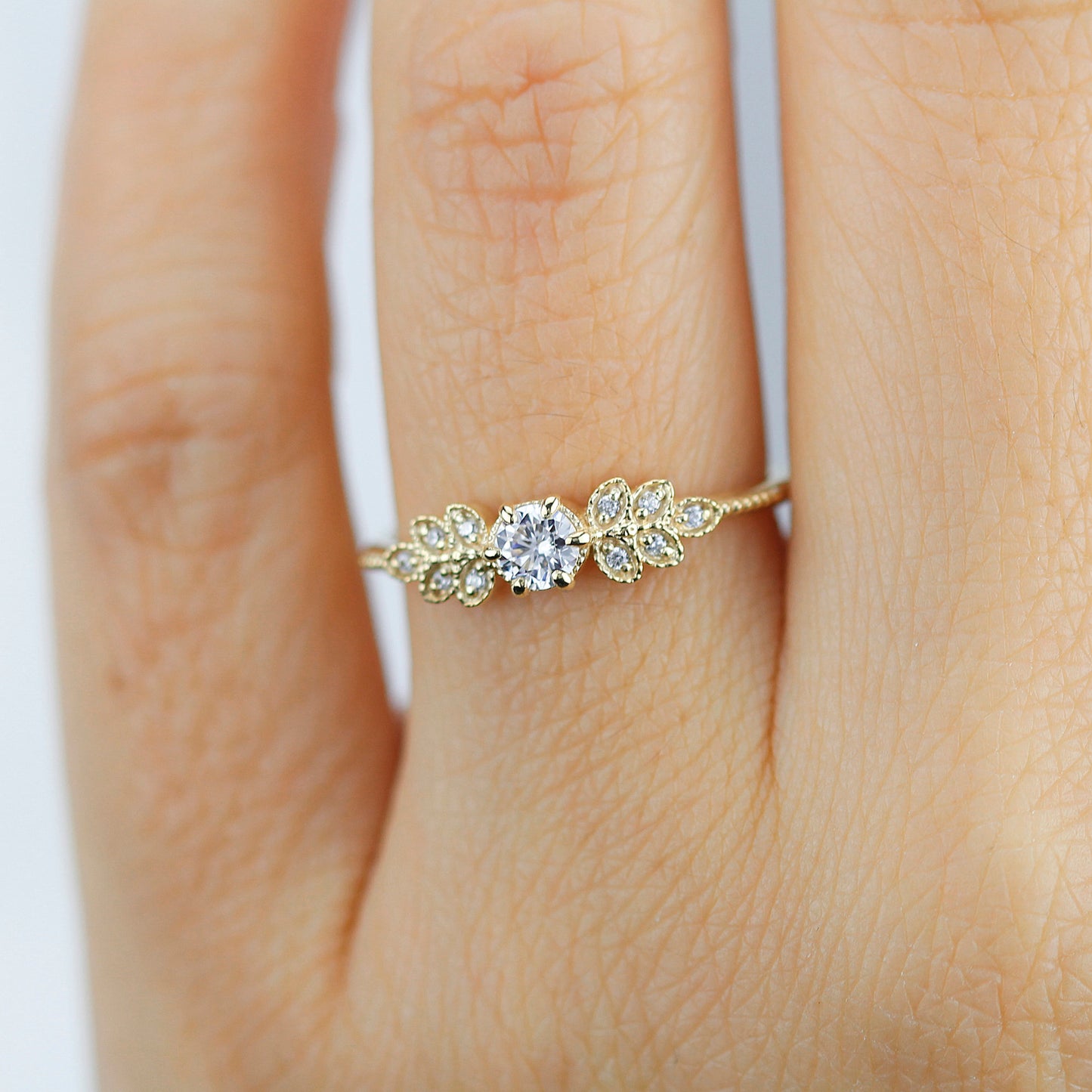 Marquise engagement ring vintage art deco diamond | round diamond with marquise side stones - NOOI JEWELRY