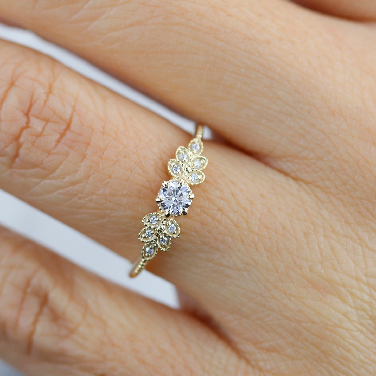 Marquise engagement ring vintage art deco diamond | round diamond with marquise side stones - NOOI JEWELRY