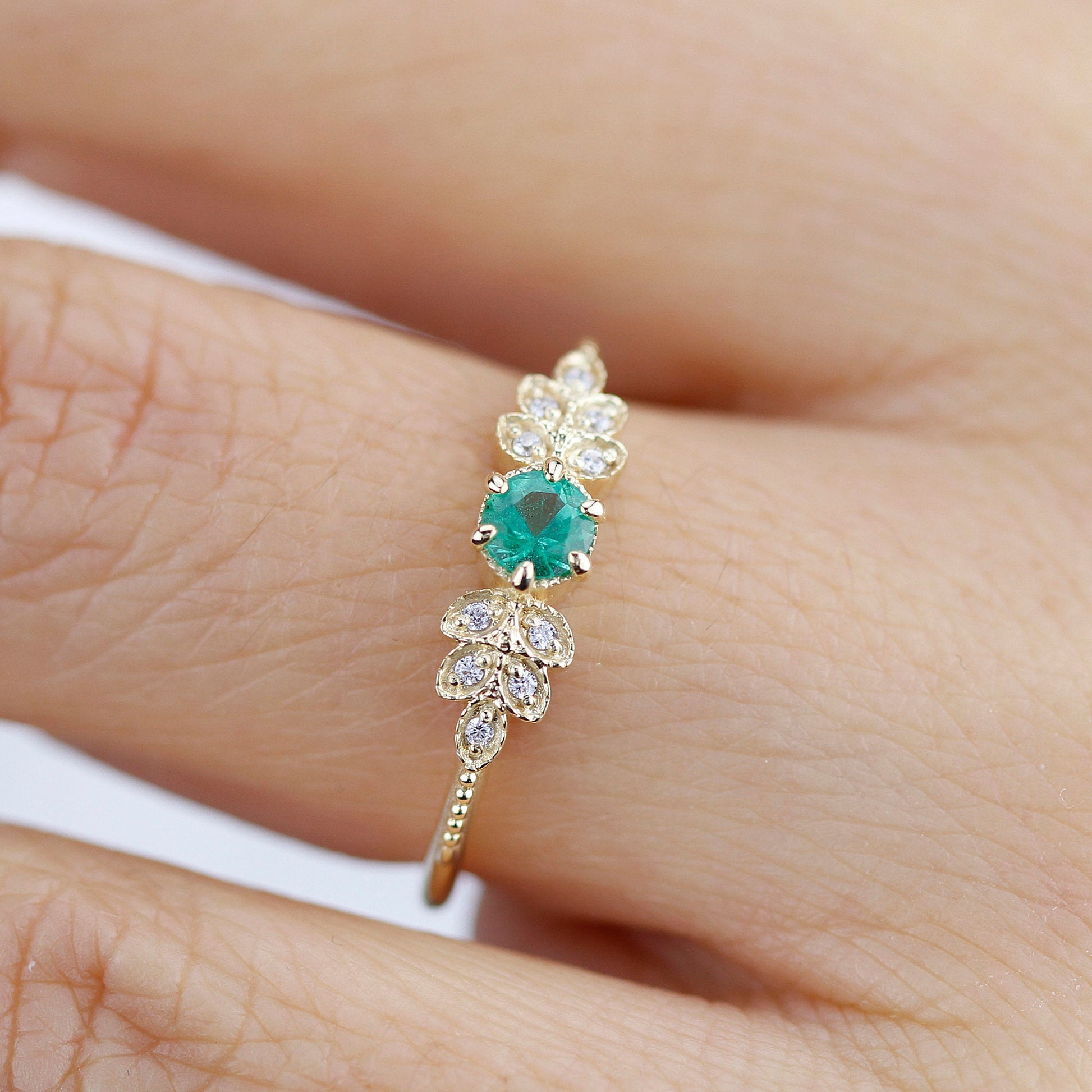 emerald and diamond engagement ring, marquise setting engagement ring - NOOI JEWELRY