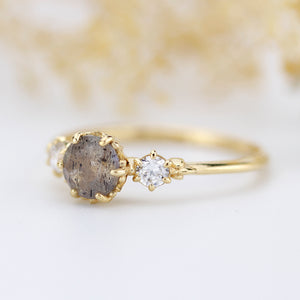 Three stone engagement ring Labradorite and diamond cluster ring 18k yellow gold - NOOI JEWELRY