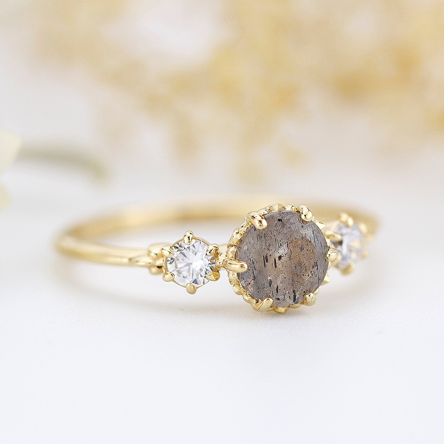 Three stone engagement ring Labradorite and diamond cluster ring 18k yellow gold - NOOI JEWELRY