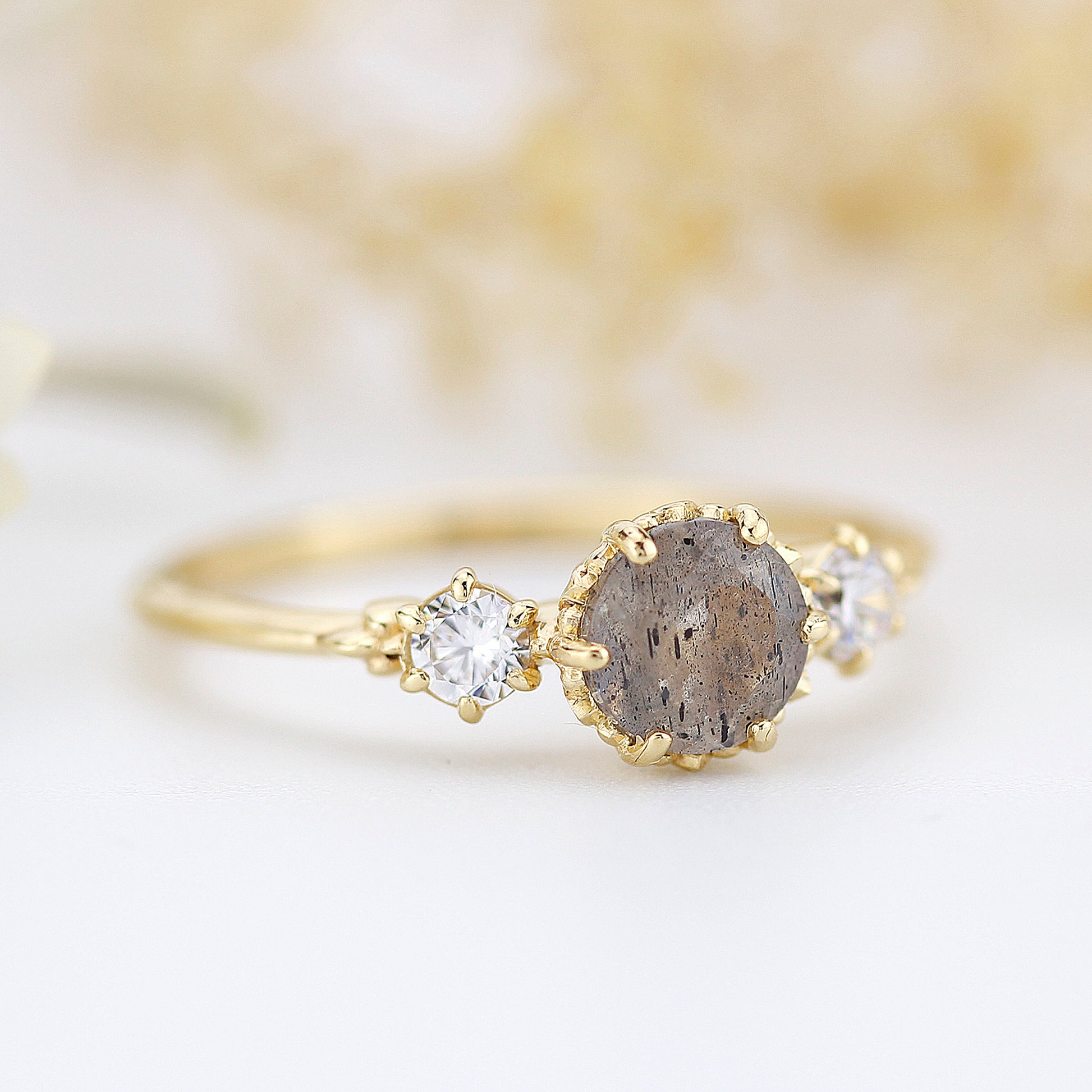 Three stone engagement ring Labradorite and diamond cluster ring 18k yellow gold - NOOI JEWELRY