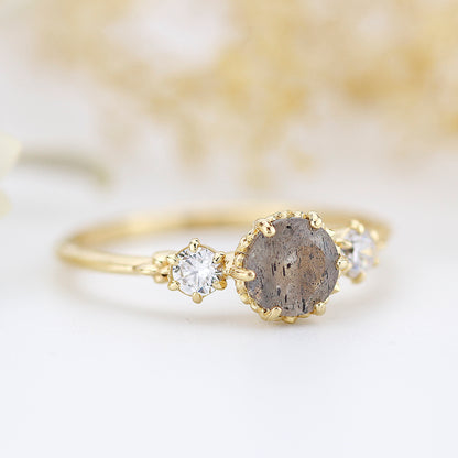 Three stone engagement ring Labradorite and diamond cluster ring 18k yellow gold - NOOI JEWELRY
