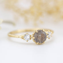 Load image into Gallery viewer, Three stone engagement ring Labradorite and diamond cluster ring 18k yellow gold - NOOI JEWELRY