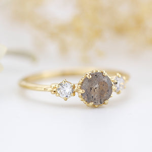 Three stone engagement ring Labradorite and diamond cluster ring 18k yellow gold - NOOI JEWELRY