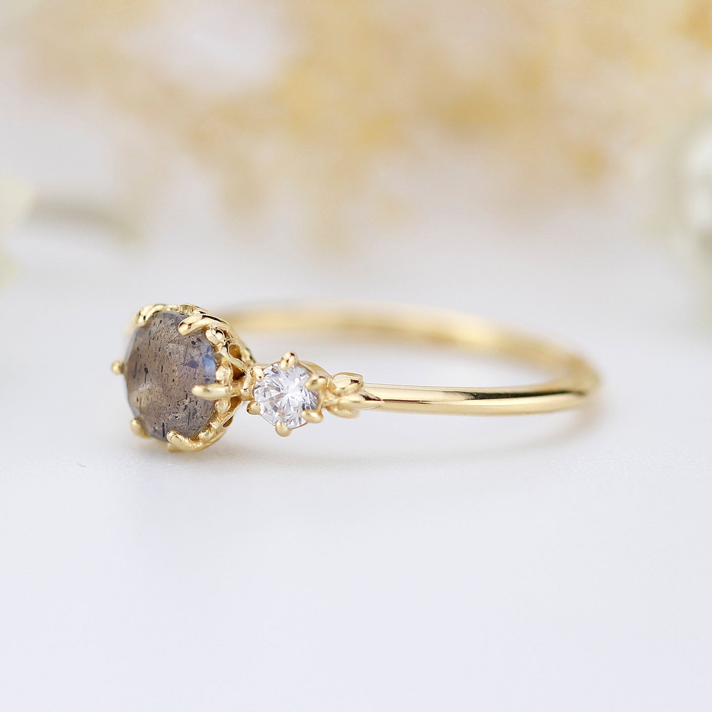 Three stone engagement ring Labradorite and diamond cluster ring 18k yellow gold - NOOI JEWELRY