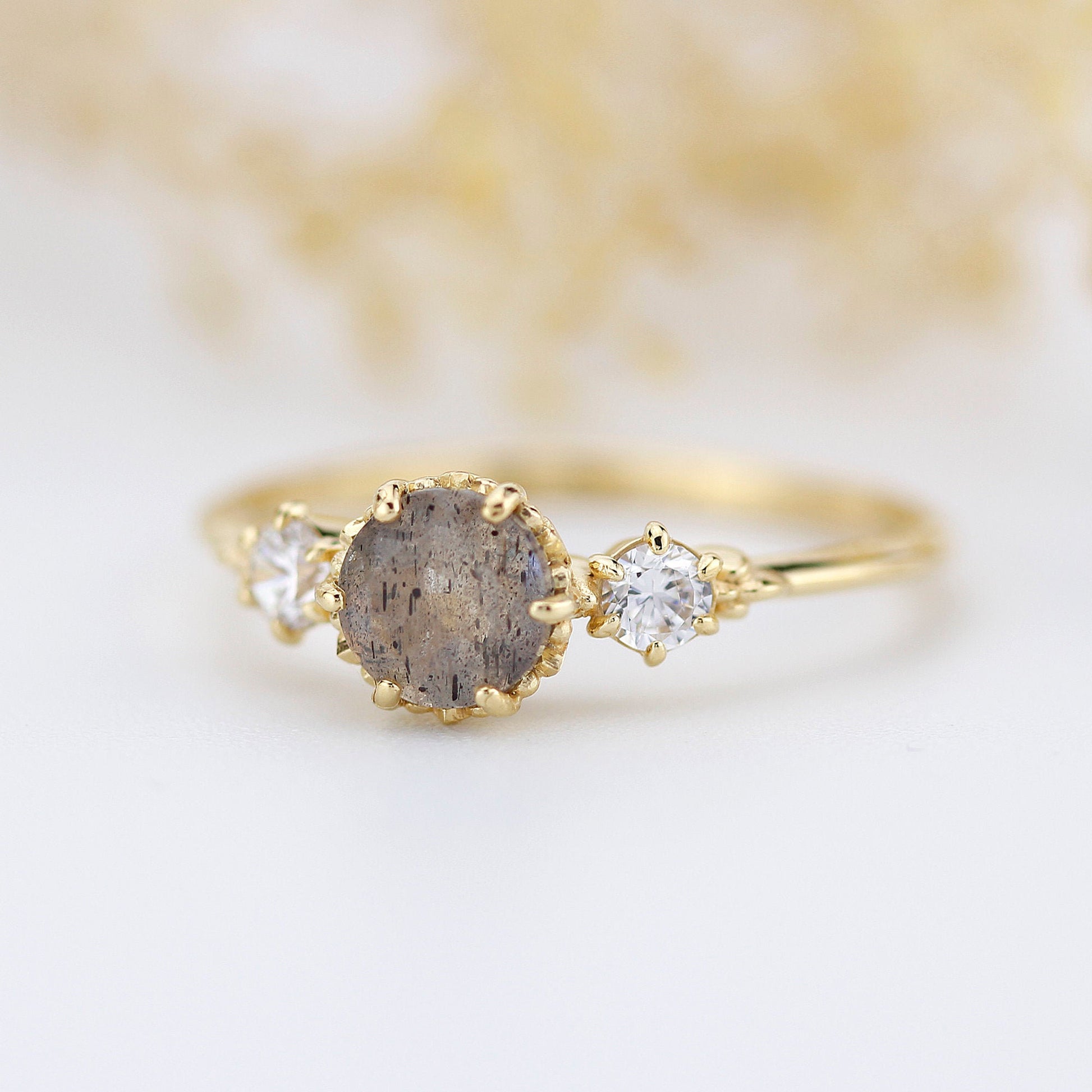 Three stone engagement ring Labradorite and diamond cluster ring 18k yellow gold - NOOI JEWELRY