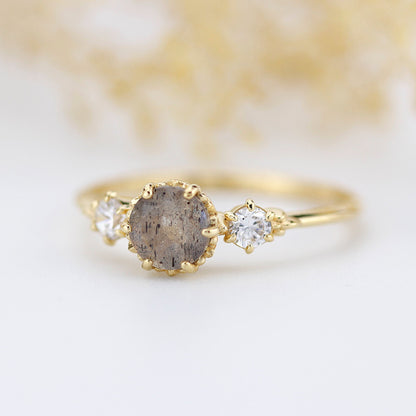 Three stone engagement ring Labradorite and diamond cluster ring 18k yellow gold - NOOI JEWELRY