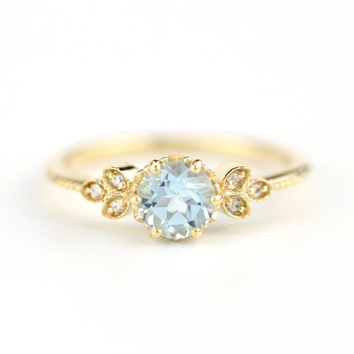 Sky blue topaz engagement ring vintage, marquise diamond setting on the side - NOOI JEWELRY