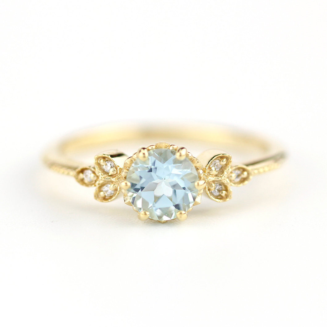 Sky blue topaz engagement ring vintage, marquise diamond setting on the side - NOOI JEWELRY