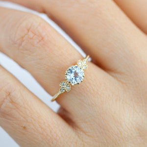 Sky blue topaz engagement ring vintage, marquise diamond setting on the side - NOOI JEWELRY