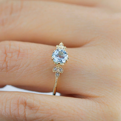 Sky blue topaz engagement ring vintage, marquise diamond setting on the side - NOOI JEWELRY