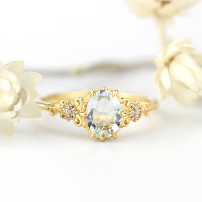 Oval engagement ring aquamarine, cluster ring aquamarine - NOOI JEWELRY