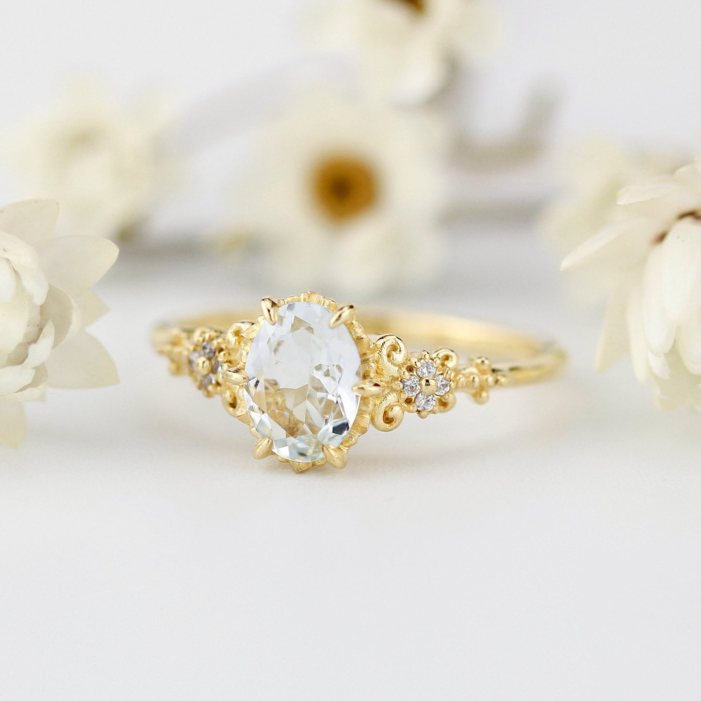 Oval engagement ring aquamarine, cluster ring aquamarine - NOOI JEWELRY