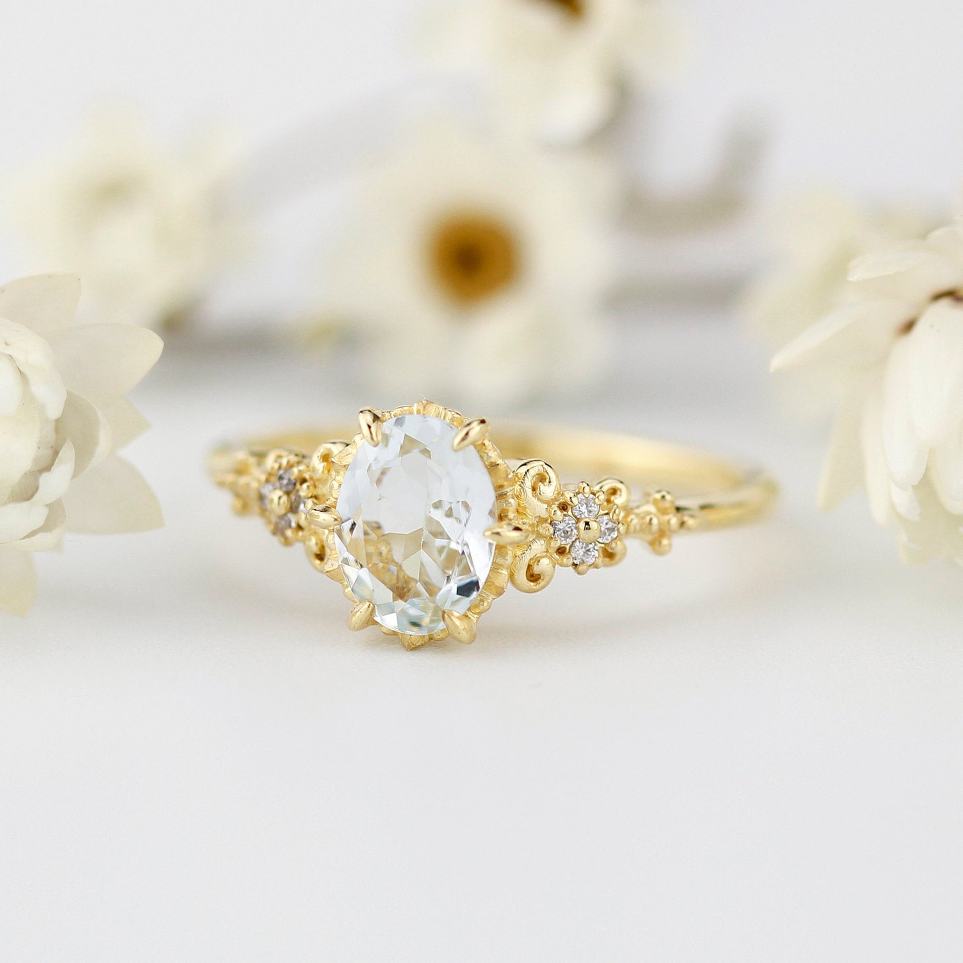 Oval engagement ring aquamarine, cluster ring aquamarine - NOOI JEWELRY