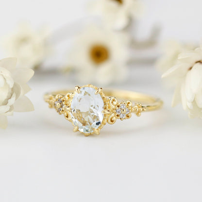 Oval engagement ring aquamarine, cluster ring aquamarine - NOOI JEWELRY
