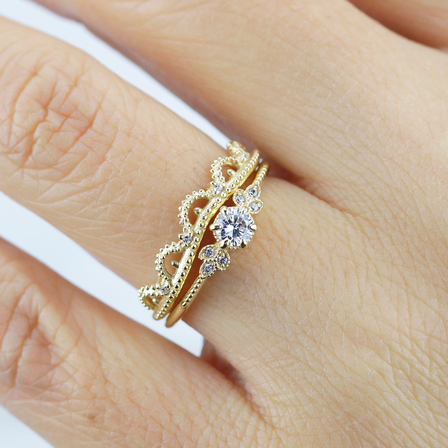 wedding ring set, bridal set, modern wedding set, cluster wedding ring, vintage wedding set, antique engagement ring - NOOI JEWELRY