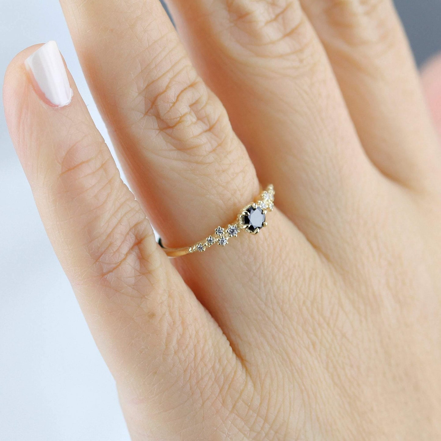 Black and white diamonds engagement ring, black diamond engagement ring, simple and minimalist engagement rings, vintage style ring - NOOI JEWELRY