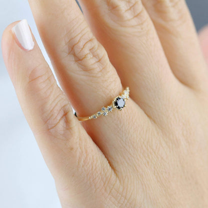 Black and white diamonds engagement ring, black diamond engagement ring, simple and minimalist engagement rings, vintage style ring - NOOI JEWELRY