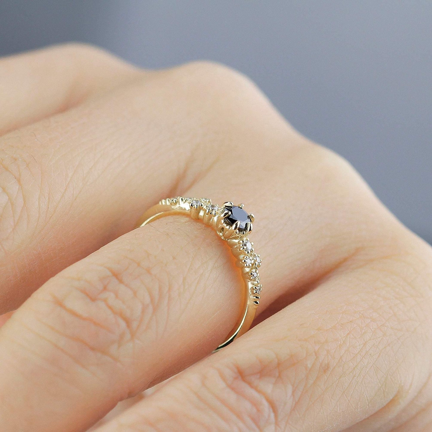 Black and white diamonds engagement ring, black diamond engagement ring, simple and minimalist engagement rings, vintage style ring - NOOI JEWELRY