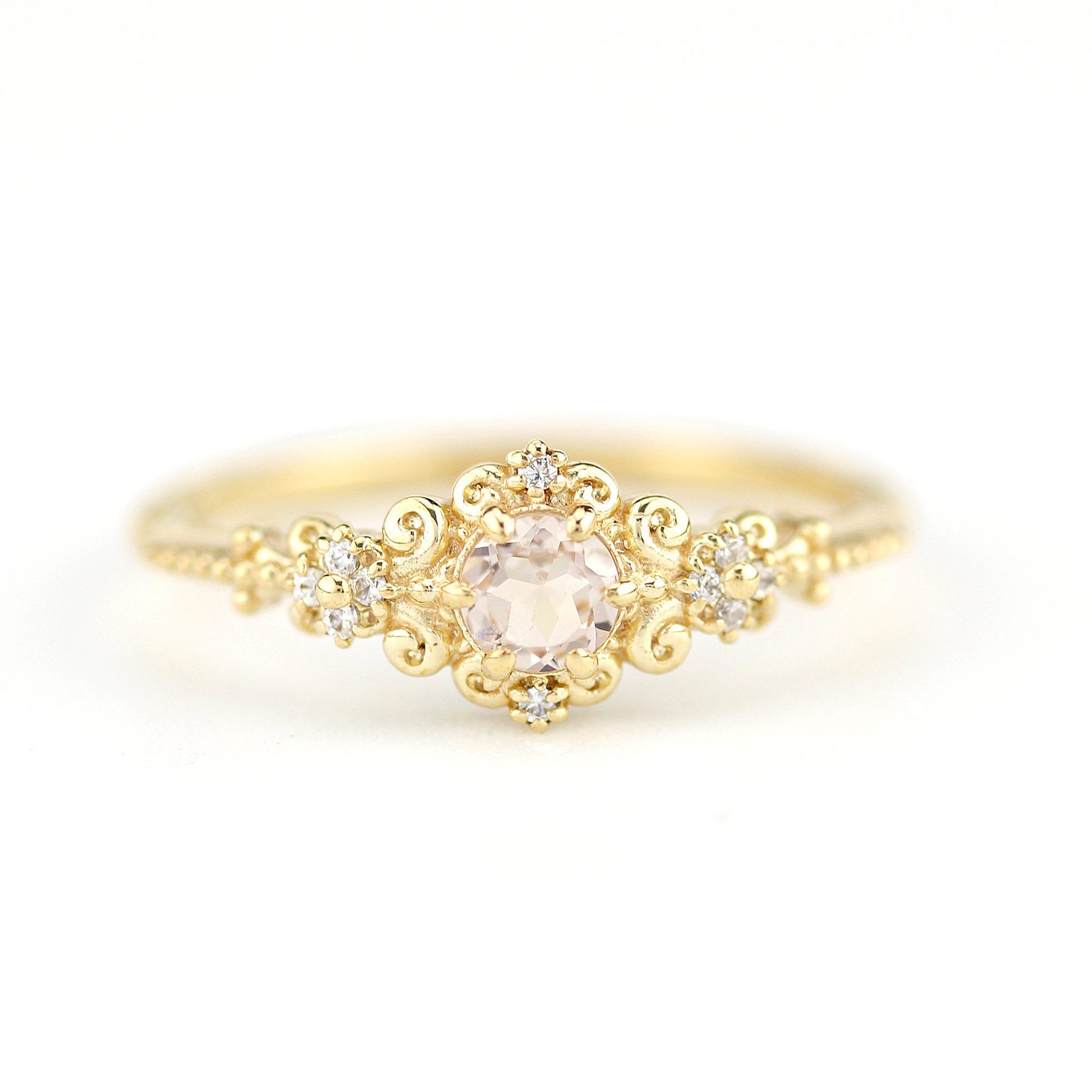 Morganite and diamonds engagement ring vintage style, Art deco engagement ring - NOOI JEWELRY