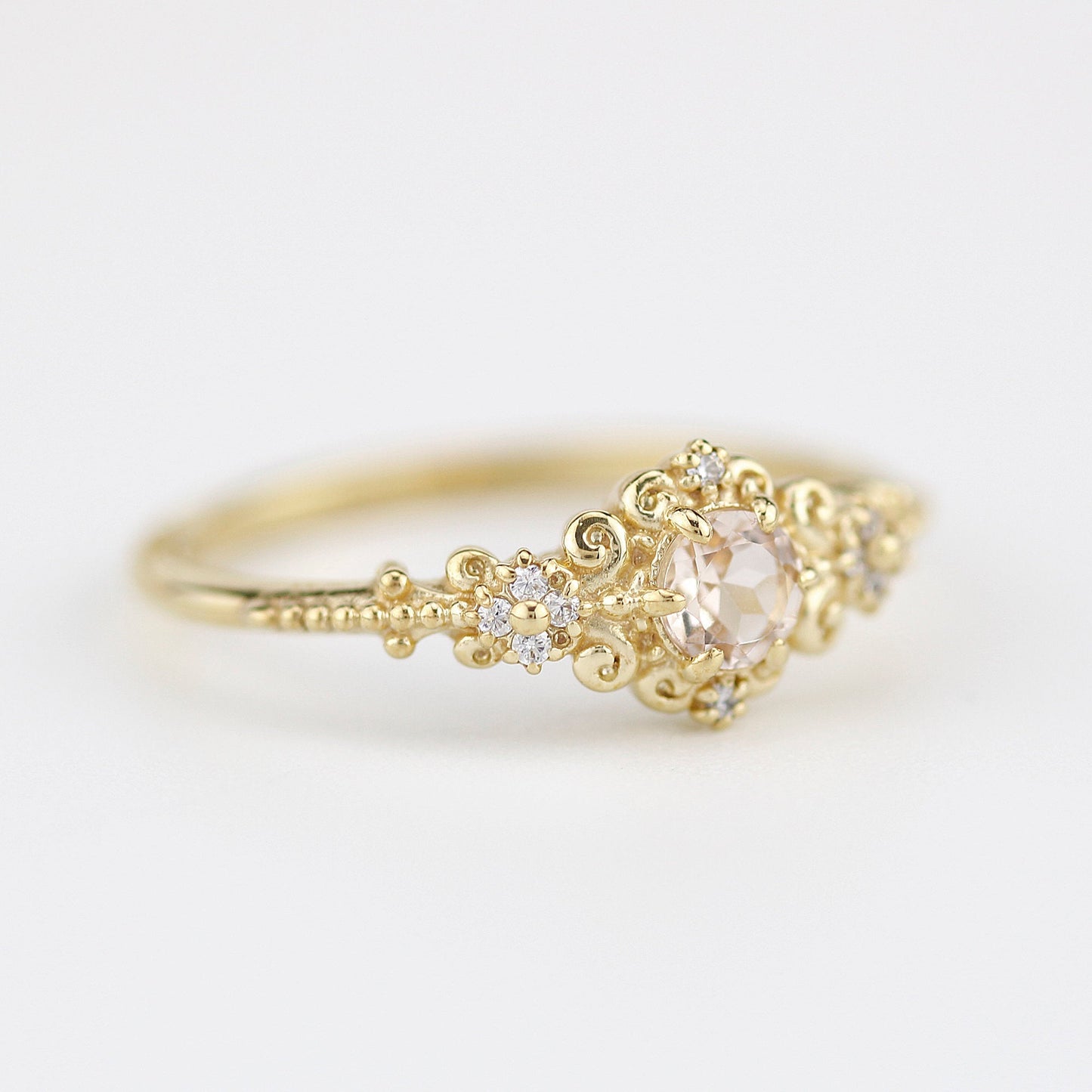 Morganite and diamonds engagement ring vintage style, Art deco engagement ring - NOOI JEWELRY