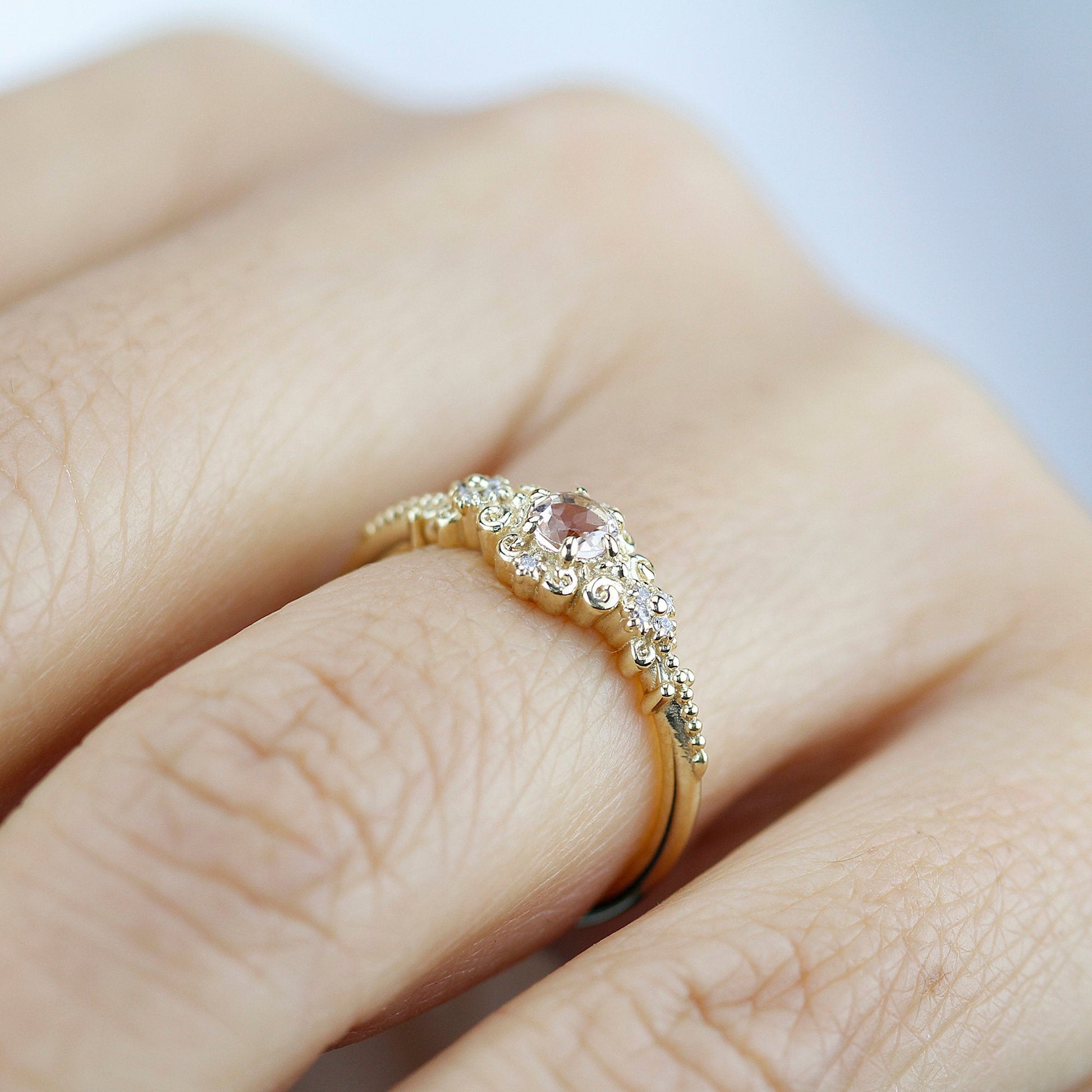 Morganite and diamonds engagement ring vintage style, Art deco engagement ring - NOOI JEWELRY