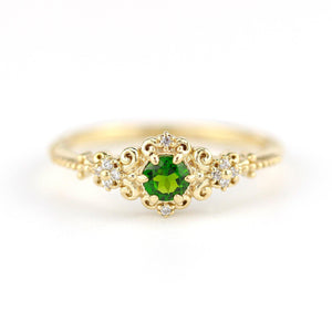 Art deco engagement ring natural chrome diopside and diamonds - NOOI JEWELRY