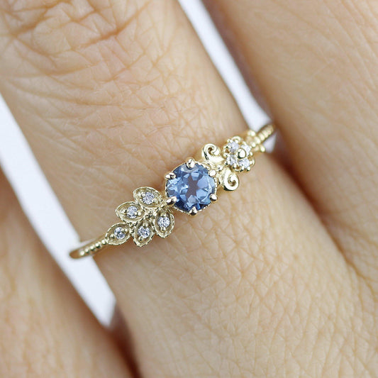 Art deco engagement ring | London blue topaz and diamond cluster ring - NOOI JEWELRY