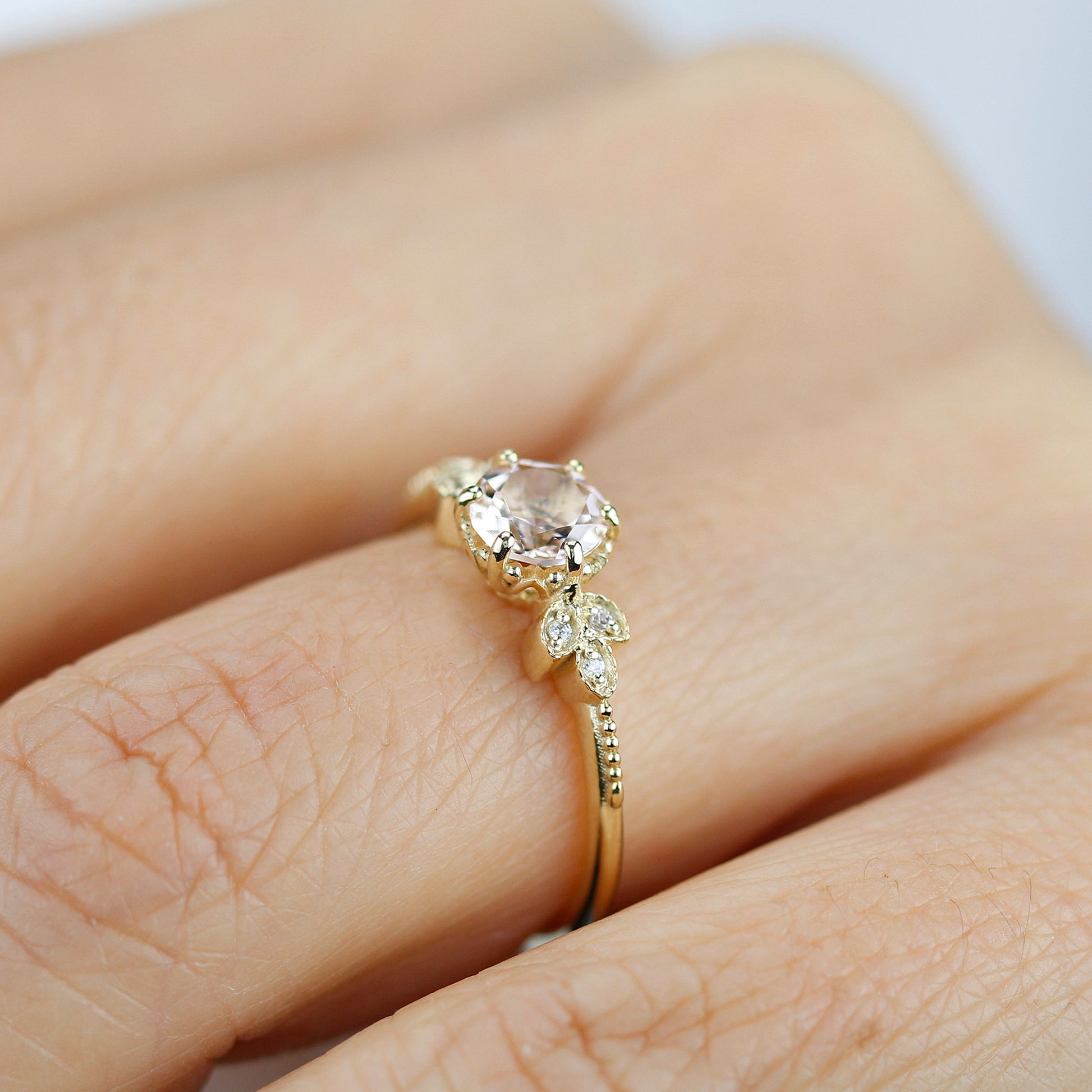 Morganite engagement ring, simple engagement ring, delicate engagement ring, unique diamond and morganite ring, morganite ring - NOOI JEWELRY