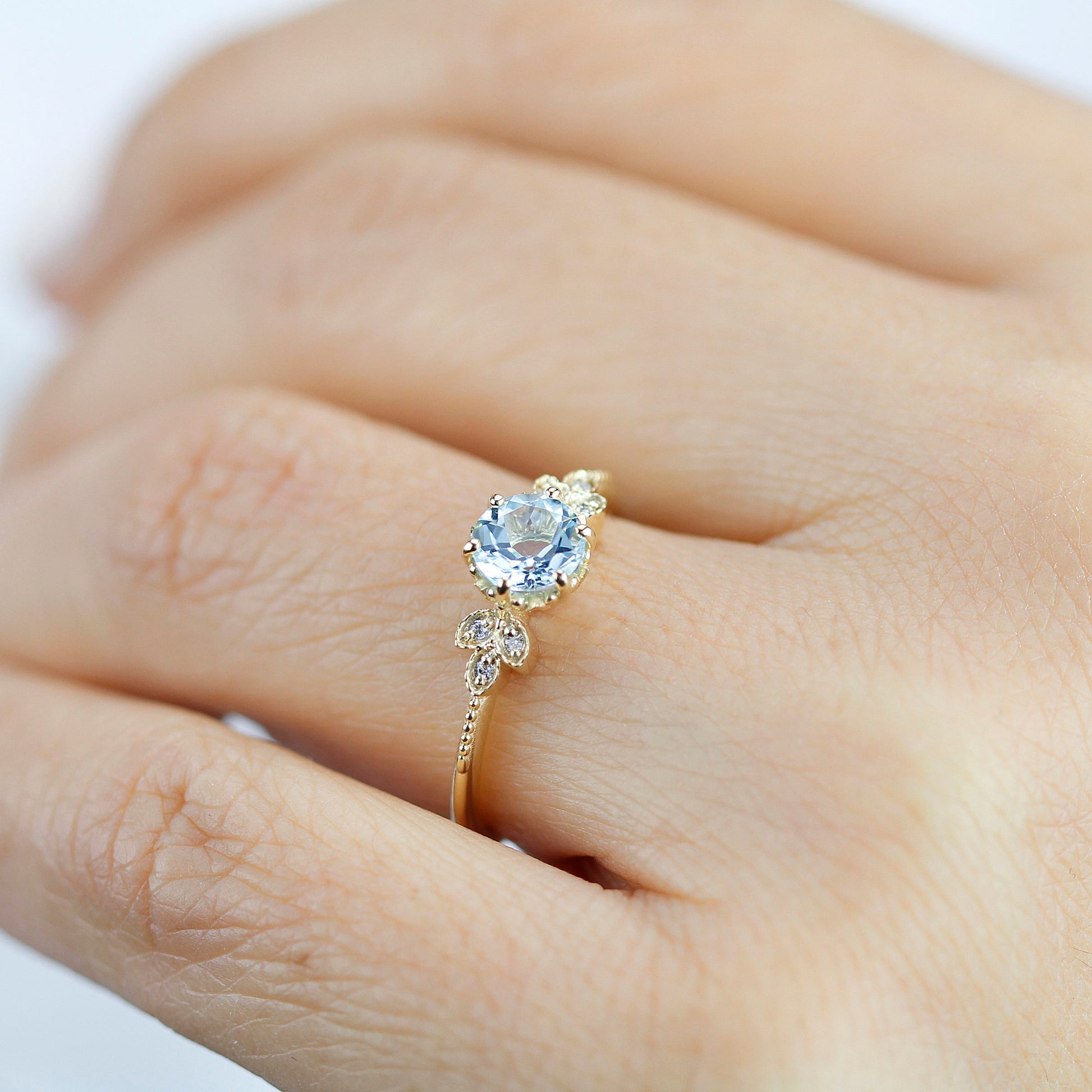 Sky blue topaz engagement ring vintage, marquise diamond setting on the side - NOOI JEWELRY