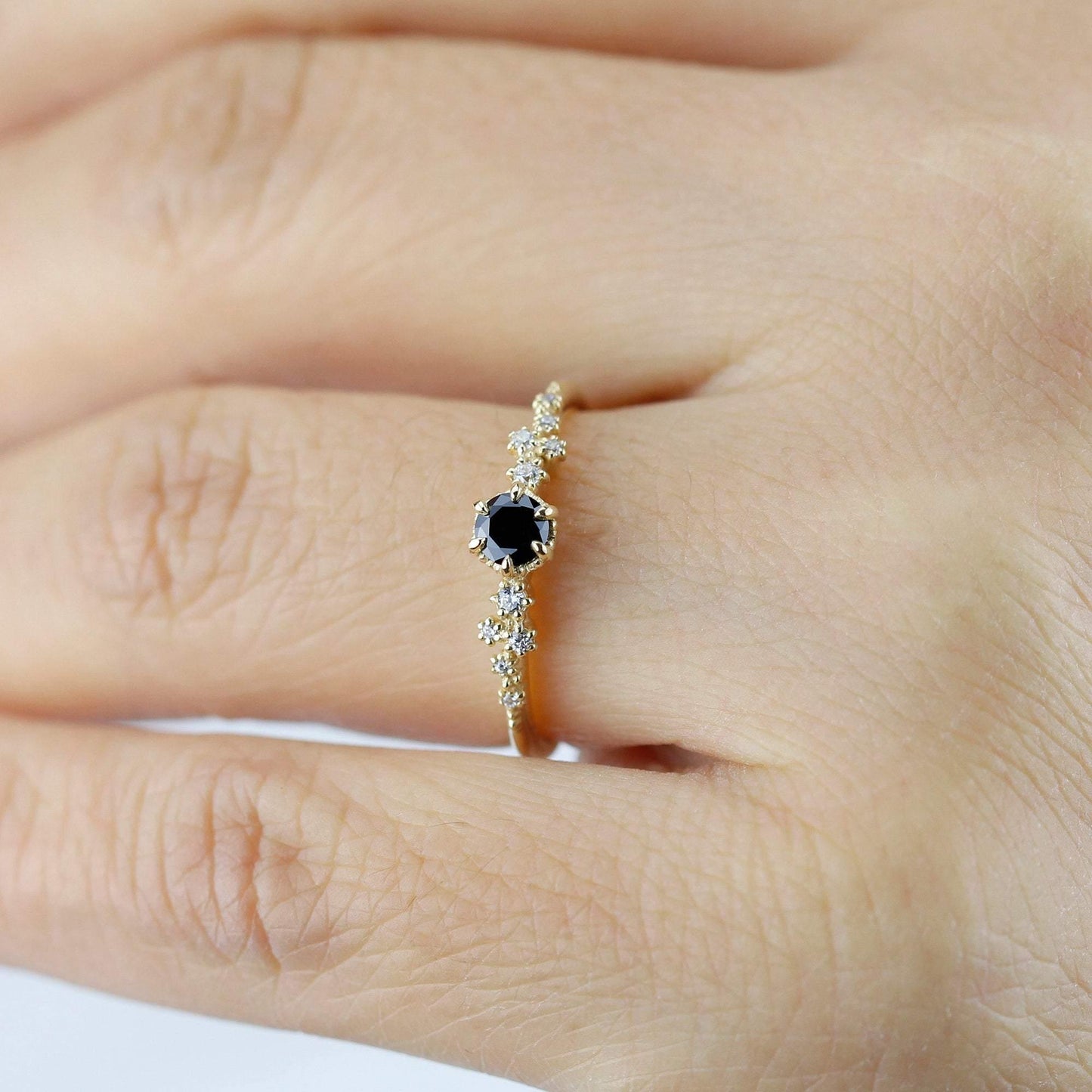 Black and white diamonds engagement ring, black diamond engagement ring, simple and minimalist engagement rings, vintage style ring - NOOI JEWELRY