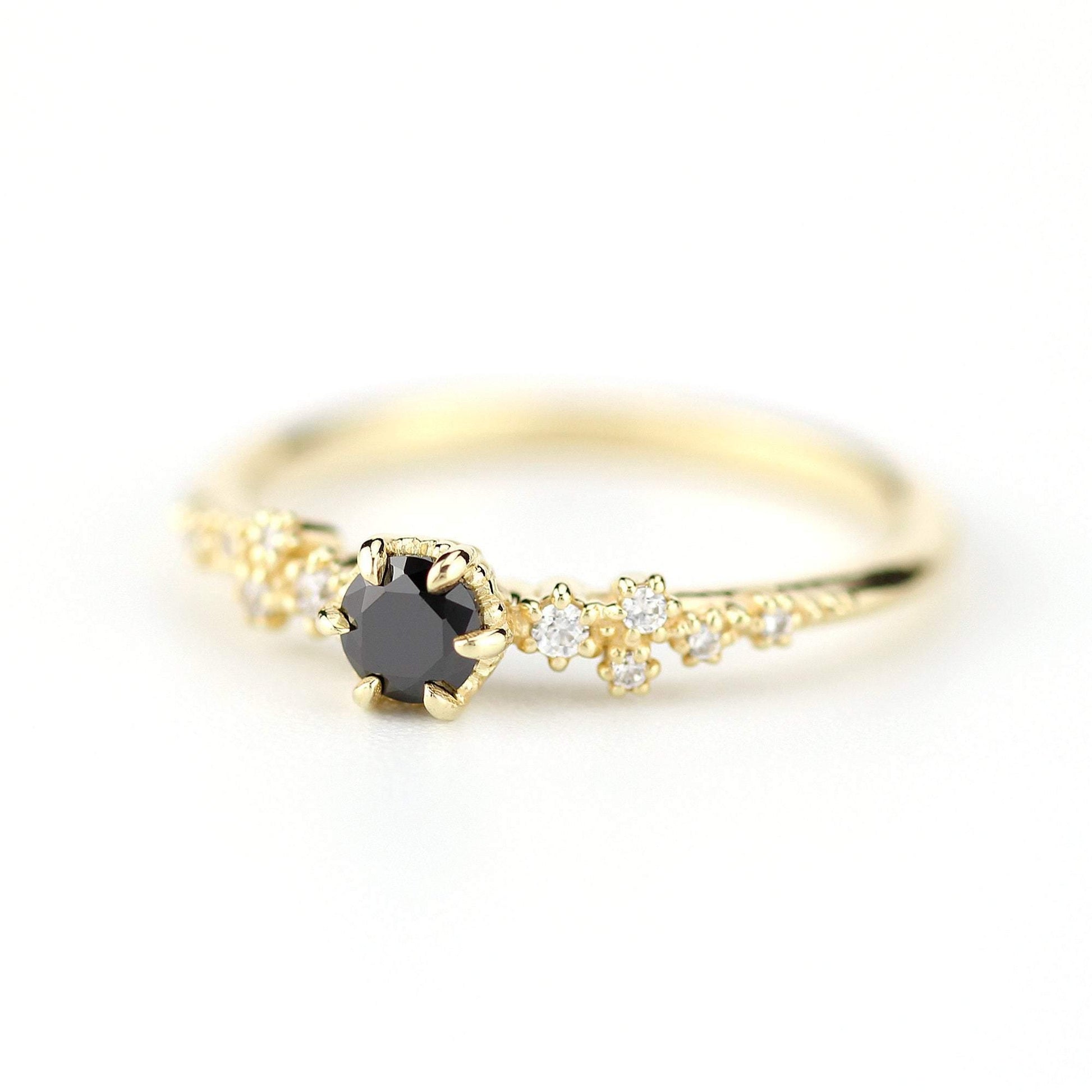 Black and white diamonds engagement ring, black diamond engagement ring, simple and minimalist engagement rings, vintage style ring - NOOI JEWELRY