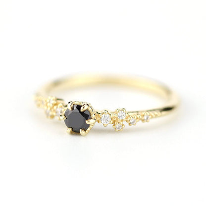 Black and white diamonds engagement ring, black diamond engagement ring, simple and minimalist engagement rings, vintage style ring - NOOI JEWELRY