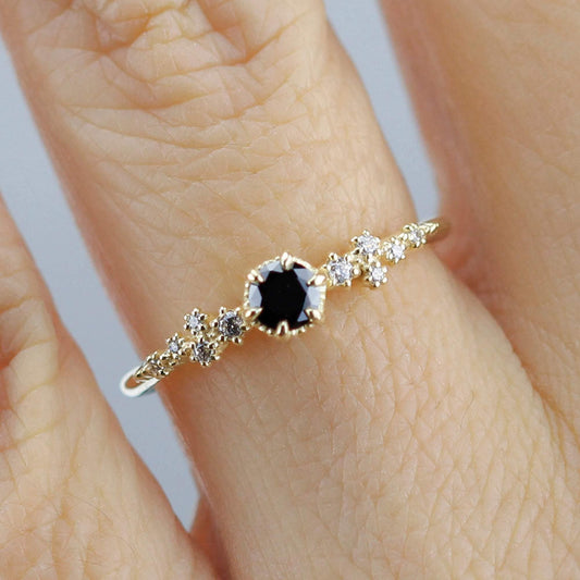 Black and white diamonds engagement ring, black diamond engagement ring, simple and minimalist engagement rings, vintage style ring - NOOI JEWELRY