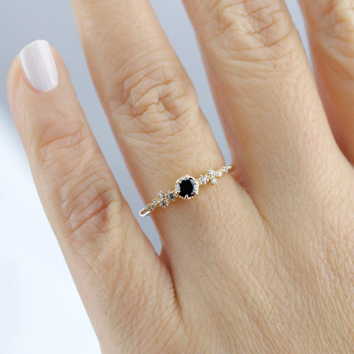 Black and white diamonds engagement ring, black diamond engagement ring, simple and minimalist engagement rings, vintage style ring - NOOI JEWELRY