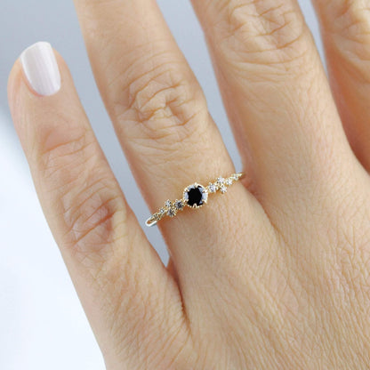 Black and white diamonds engagement ring, black diamond engagement ring, simple and minimalist engagement rings, vintage style ring - NOOI JEWELRY