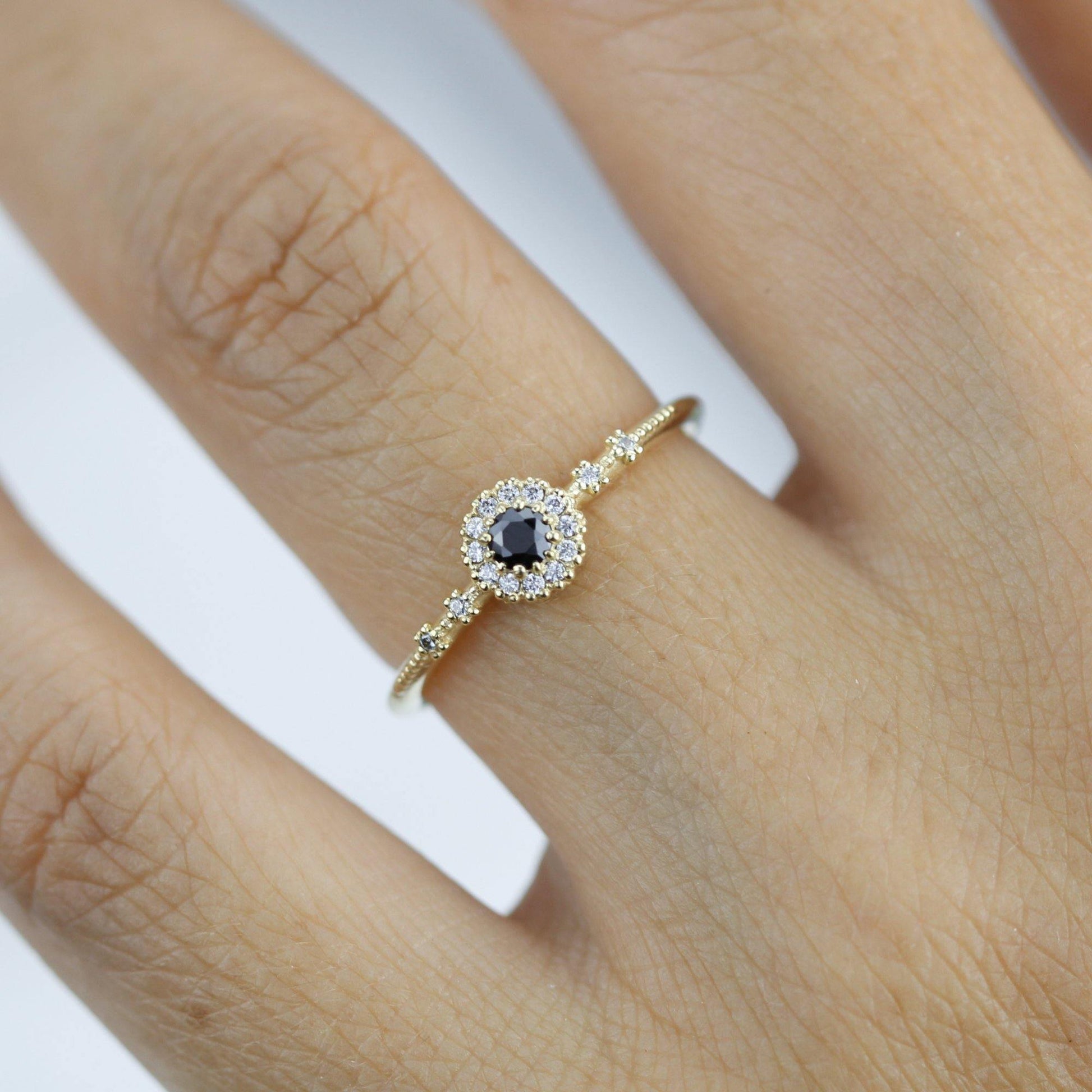 Simple engagement ring, diamond halo ring, unique black diamond ring | R 304 BD - NOOI JEWELRY