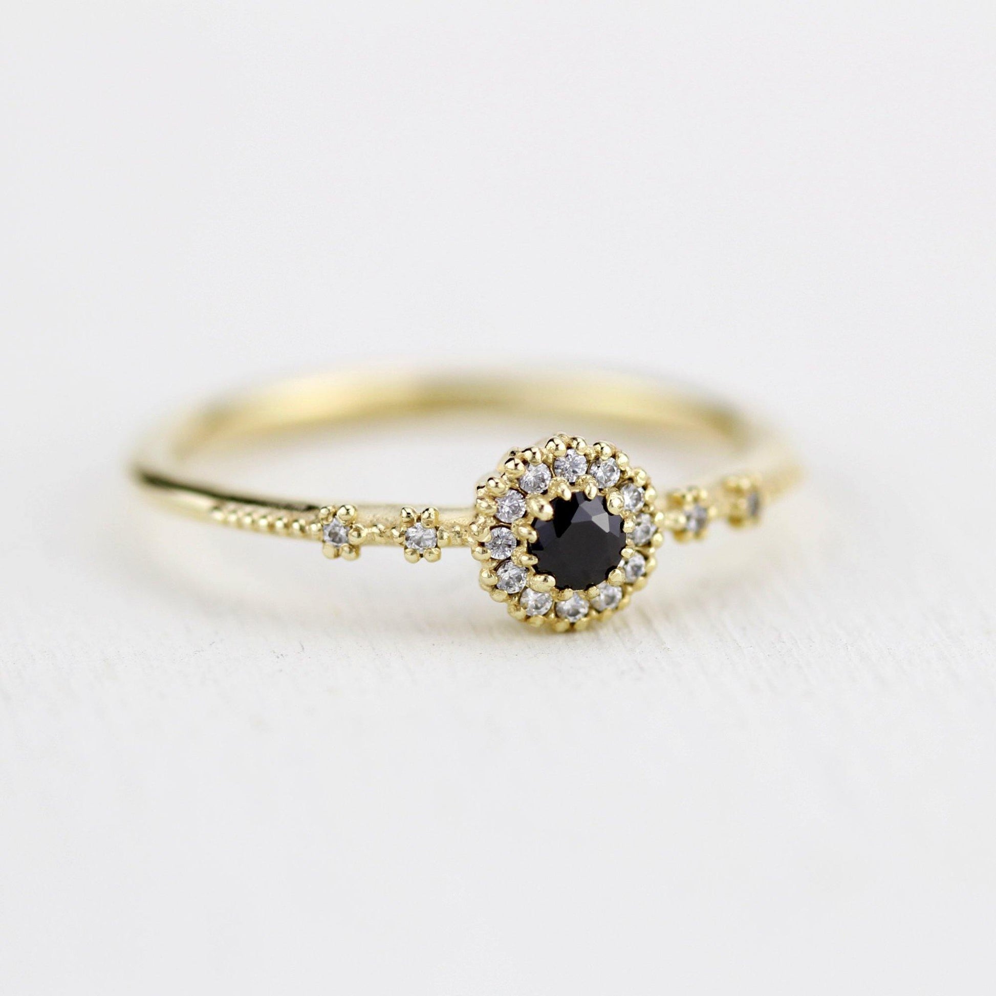 Simple engagement ring, diamond halo ring, unique black diamond ring | R 304 BD - NOOI JEWELRY