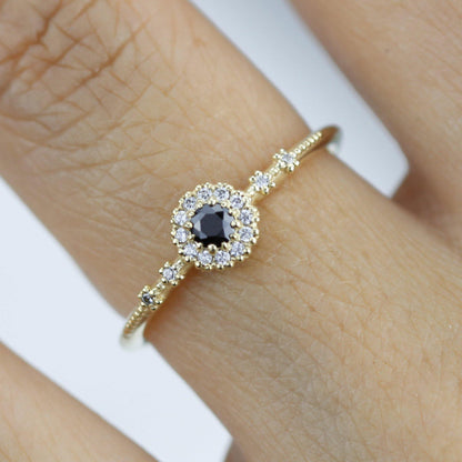 Simple engagement ring, diamond halo ring, unique black diamond ring | R 304 BD - NOOI JEWELRY